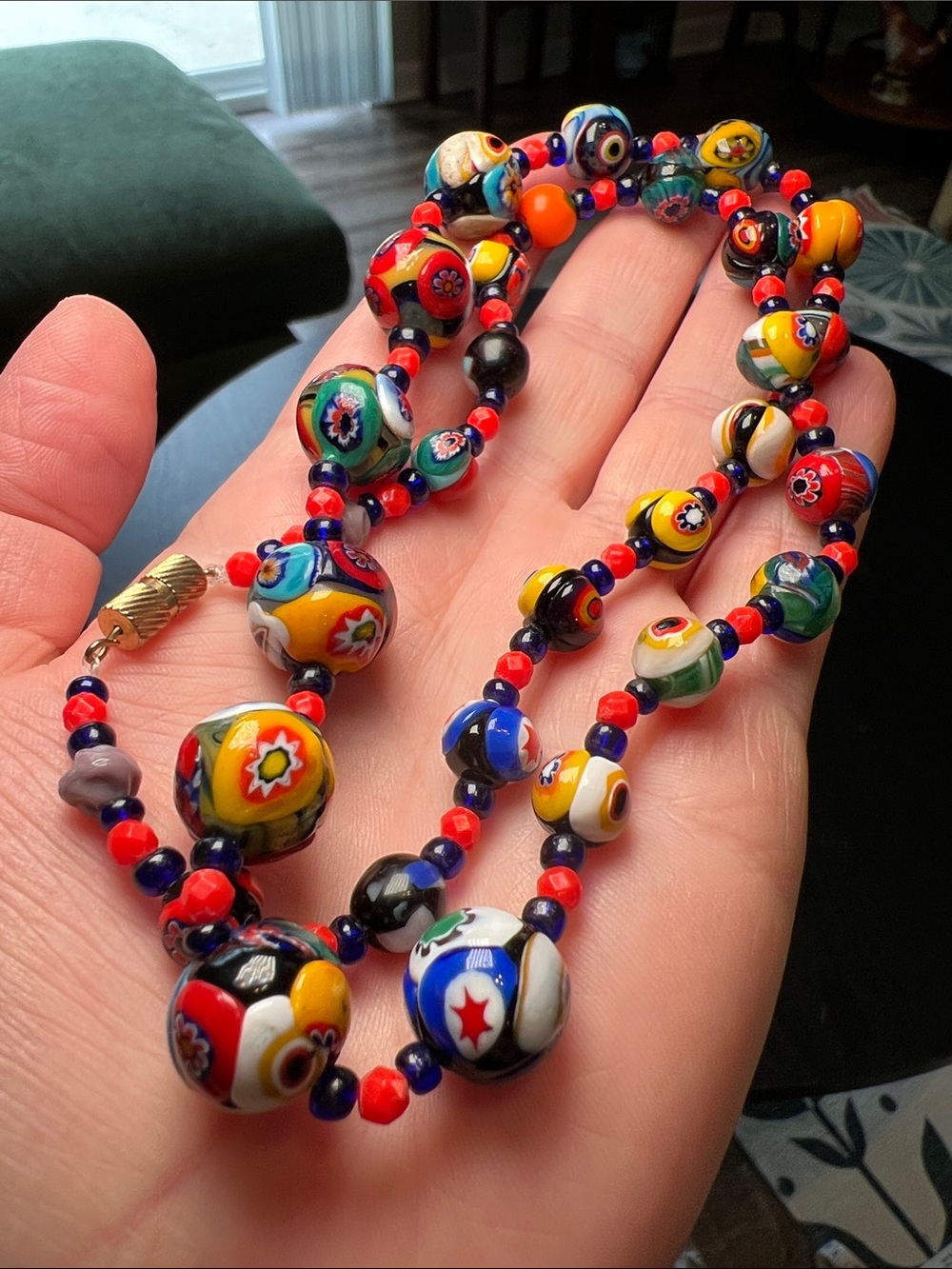Handcrafted Colorful Millefiori Venetian Glass Graduated Bead Necklace Vibrant